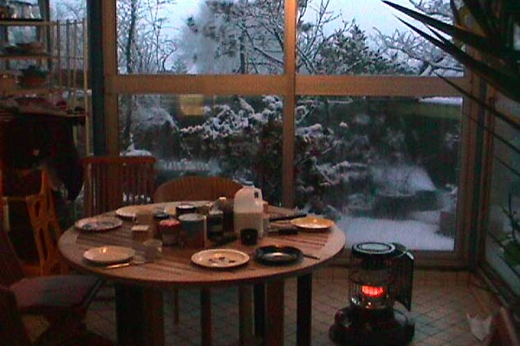 De trap met ingebouwde kasten geeft toegang tot de zonnekamer - een beglaasde kas met druivenrank de vanaf de begane grond elf meter naar boven groeide.